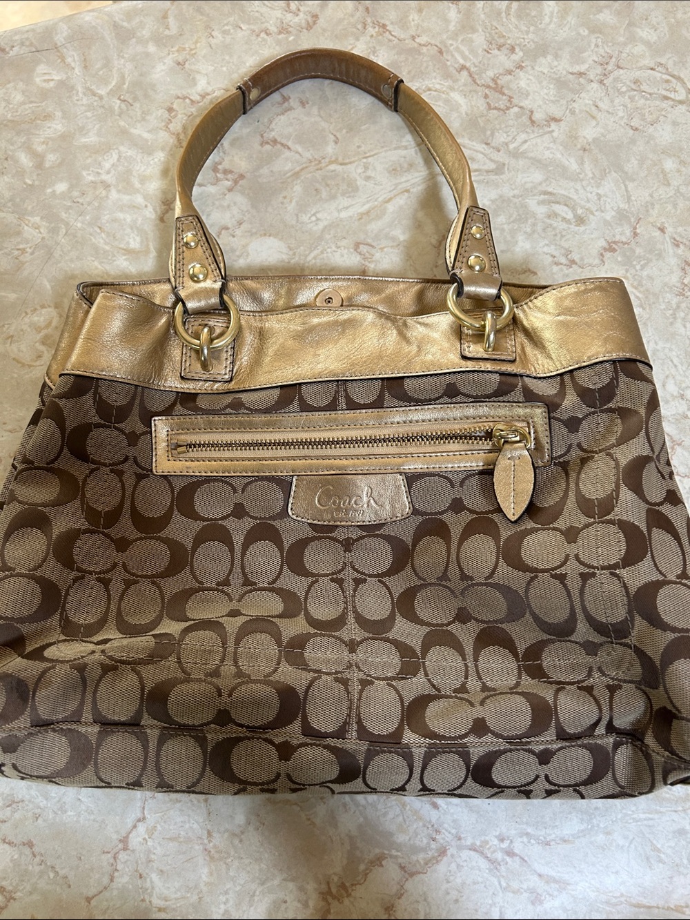 Coach Brown Signature Canvas Tote with Metallic Gold Accents